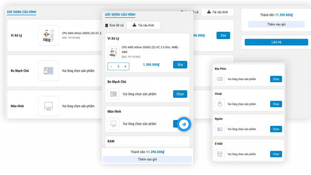 Giao diện build linh kiện theo danh mục
