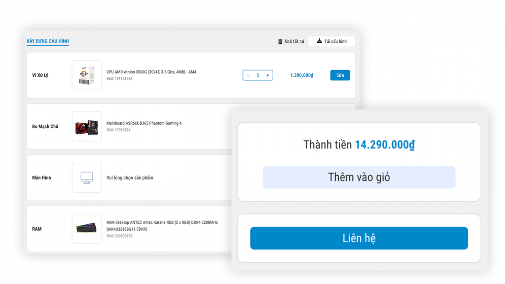 Sau khi chọn sản phẩm để xây dựng cấu hình